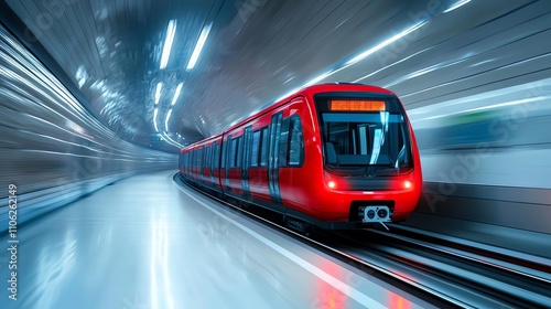 A dynamic view of a modern red subway train speeding through a tunnel, showcasing the blend of technology and urban life. Perfect for transportation and city life themes. photo