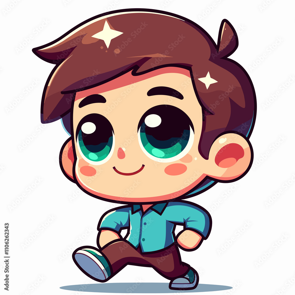 Charming cartoon boy with a joyful expression, walking in a blue shirt, on a bright background Charming cartoon boy with a joyful expression, walking in a blue shirt, on a bright background