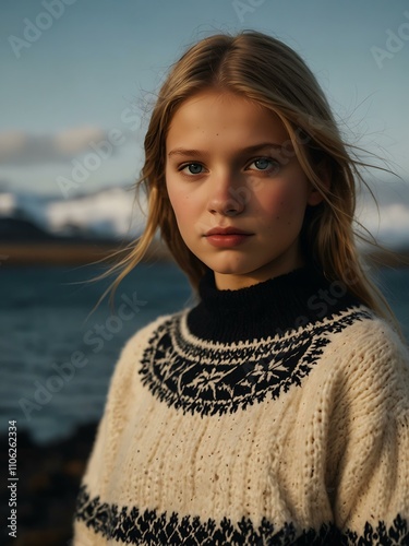 Icelandic girl wearing a Lopapeysa sweater. photo