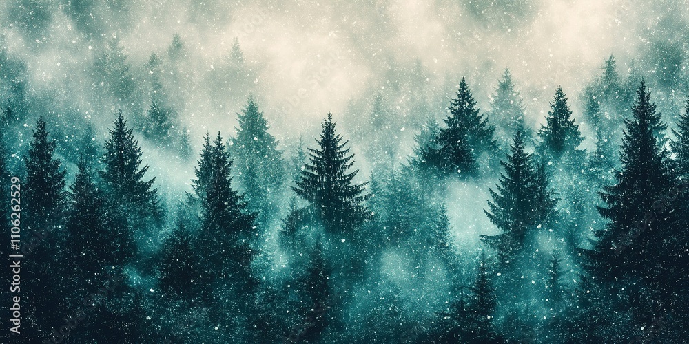 Misty forest landscape with evergreen trees under a snowfall at twilight Misty forest landscape with evergreen trees under a snowfall at twilight