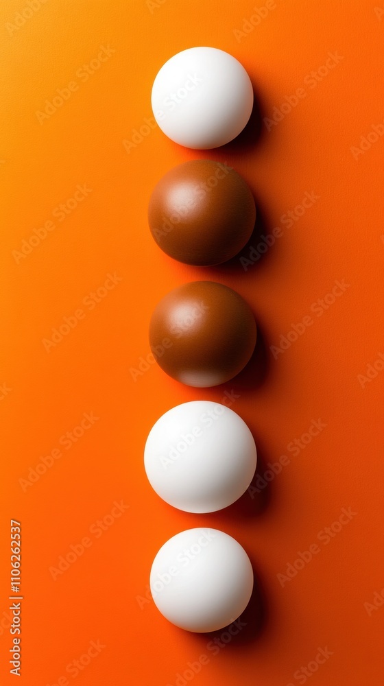 Five spheres aligned vertically on a vibrant orange background create a striking contrast, AI Five spheres aligned vertically on a vibrant orange background create a striking contrast, AI