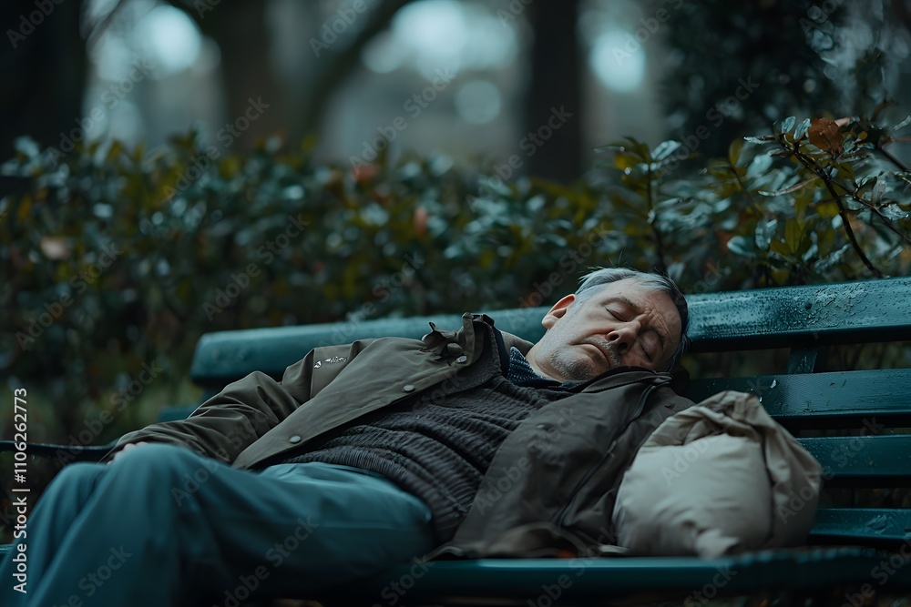 Homeless man lying on a park bench, wrapped in a blanket, surrounded by a quiet urban park, highlighting issues of poverty and homelessness in a public setting Homeless man lying on a park bench, wrapped in a blanket, surrounded by a quiet urban park, highlighting issues of poverty and homelessness in a public setting