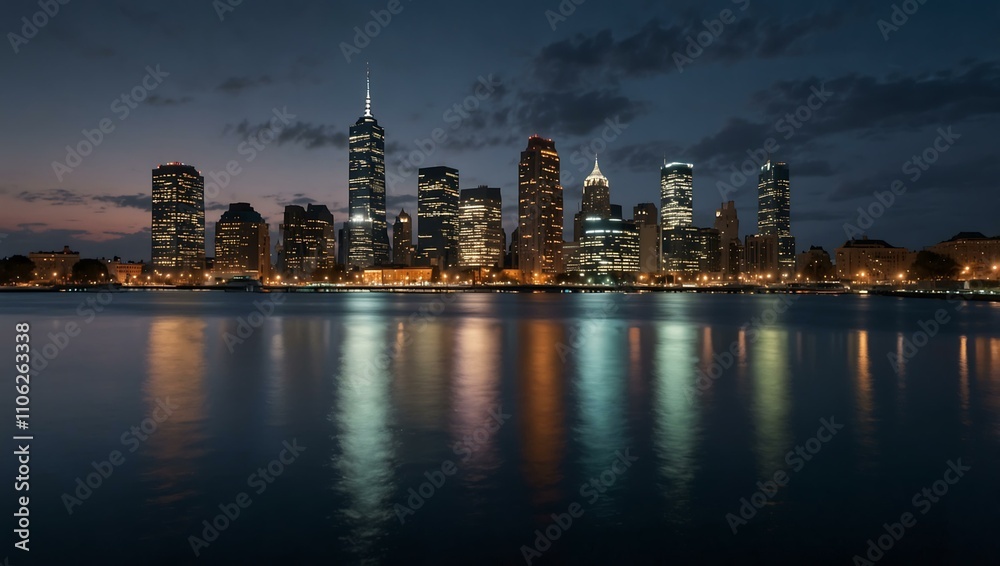 Obraz premium Illuminated cityscape by the water at twilight.