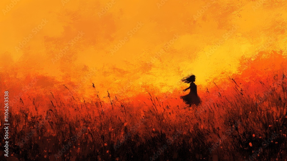 Fototapeta premium Sunset Serenity: A Girl's Joyful Run - A girl joyfully runs through a summer field at sunset, symbolizing freedom, peace, joy, nature, and youth.