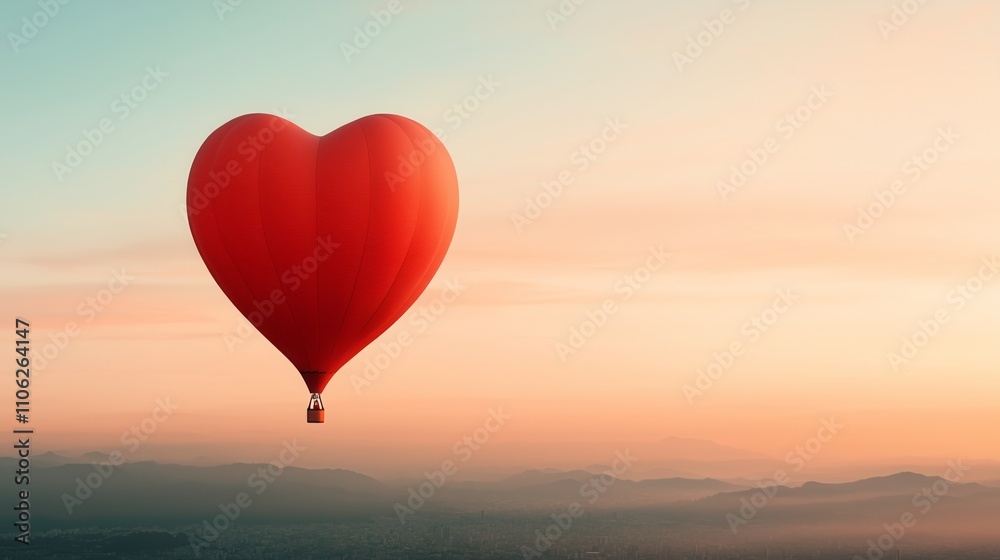 Fototapeta premium Heart balloon floats over calm mountains