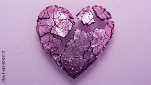 Matte Purple Cracked Heart on Pastel Background Highlighting Fragility, Emotions, and Symbolic Love