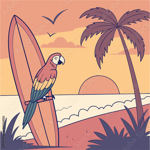 A parrot with colorful feathers, sitting on a surfboard under a sunset, surrounded by palm trees and ocean waves