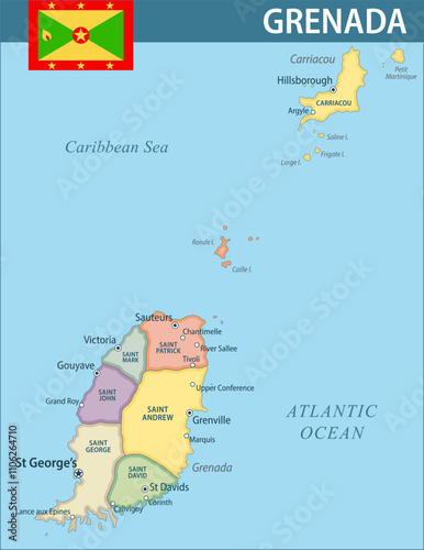 Grenada Map Vector New 2024 Colorful - Customizable layered political map of Grenada with administrative divisions for website, education, reports, news, politics, print, poster and wallpaper