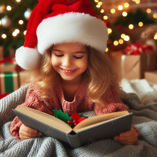 Niña feliz con su libro de navidad photo