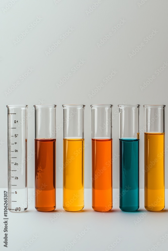 A balanced composition of test tubes and measuring cylinders arranged geometrically on a pure white background. 