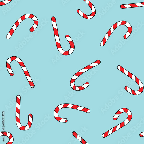 Seamless Pattern of Red and White Candy Canes with a Light Blue Background for Christmas