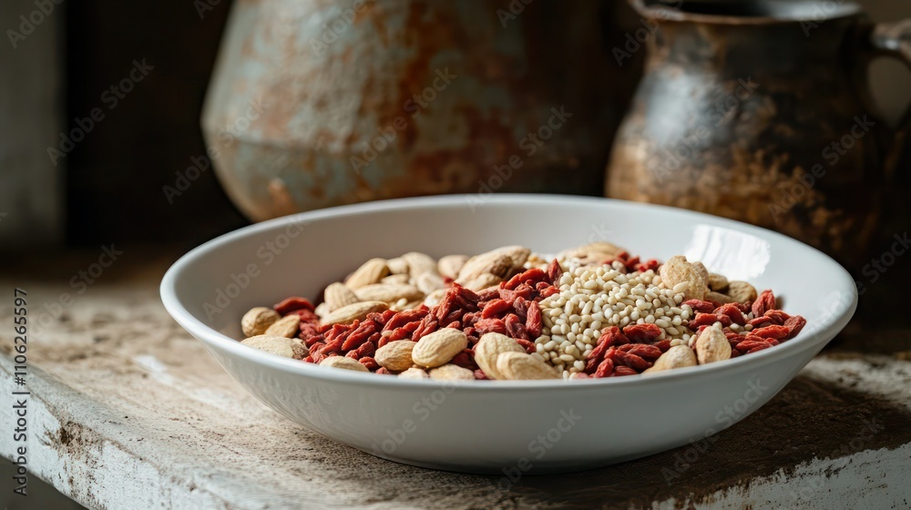 A bowl of raw almonds, dried goji berries, and sesame seeds in a white dish, placed on a rustic kitchen shelf with a softly blurred rustic jug behind. A bowl of raw almonds, dried goji berries, and sesame seeds in a white dish, placed on a rustic kitchen shelf with a softly blurred rustic jug behind.