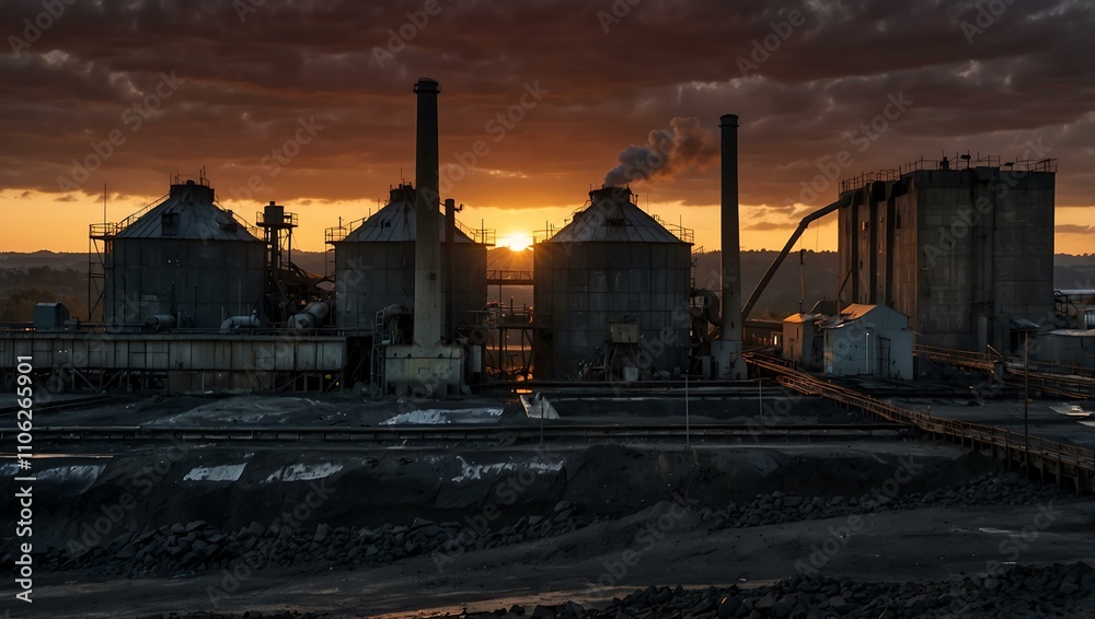 Obraz premium Imposing coal washing facility against a sunset skyline.