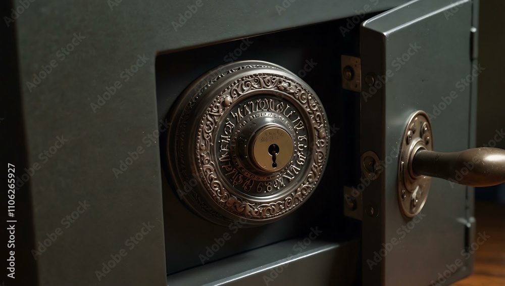 Imposing metal safe with intricate combination locks. Imposing metal safe with intricate combination locks.