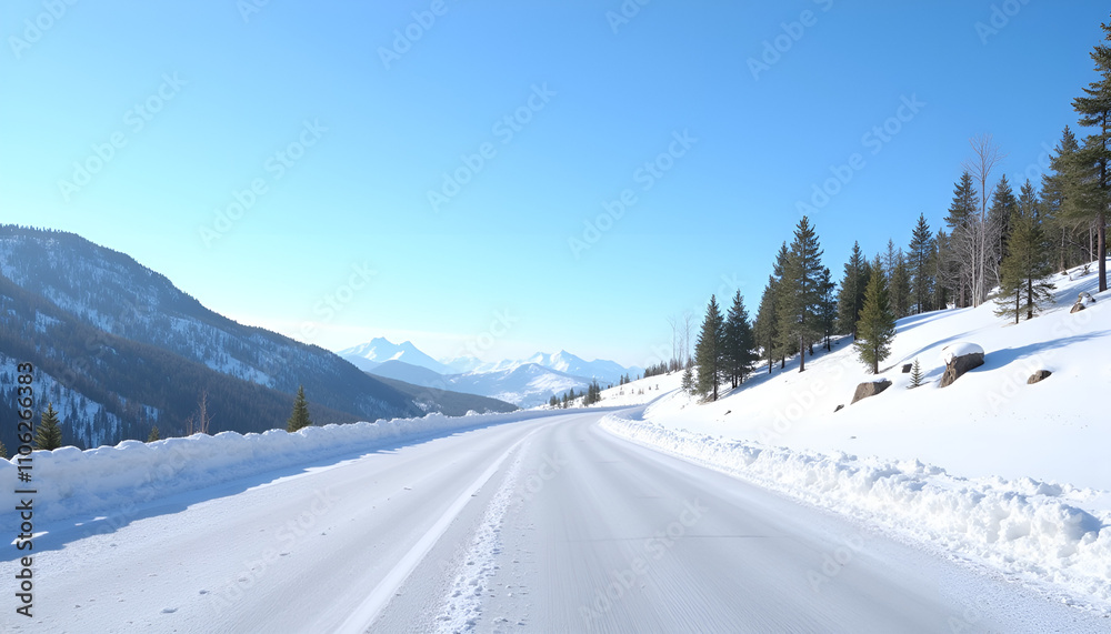 Winter snowy road leading to blue horizon in mountainous area with pine trees under bright sunlight Winter snowy road leading to blue horizon in mountainous area with pine trees under bright sunlight