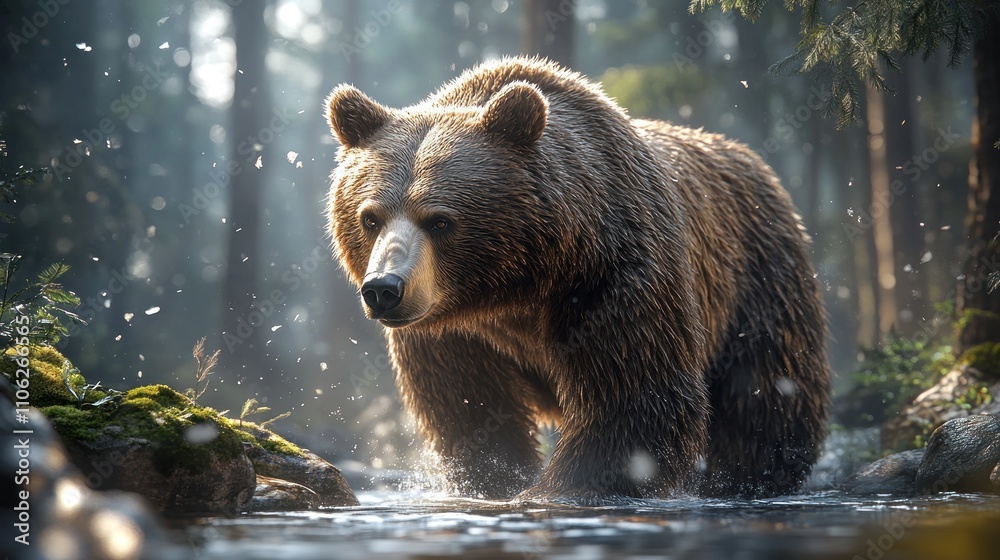 Majestic brown bear wading in a forest stream. Majestic brown bear wading in a forest stream.