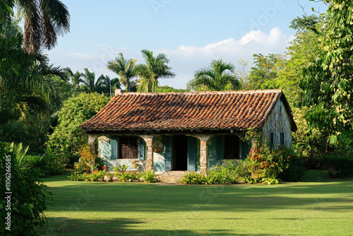 Tropical Cottage with Lush Greenery and Vibrant Decor