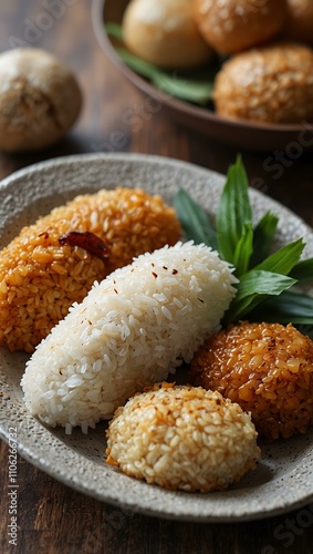 Indonesian sticky rice snacks, Jipang, on a white plate. photo