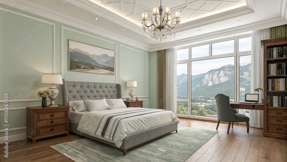 Fototapeta premium Bedroom hotel interior design. A modern and luxurious bedroom with a large window on the right side. The room has a high ceiling with a chandelier hanging from it and a comfortable bed.