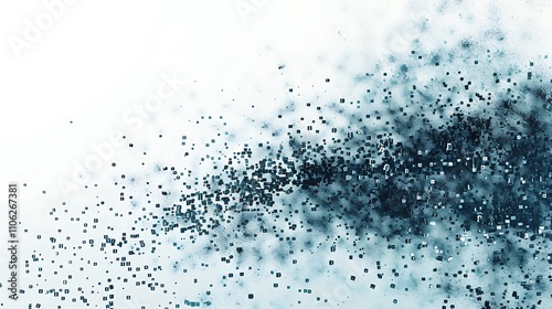 An abstract cloud of binary code and digital particles, floating on a white background