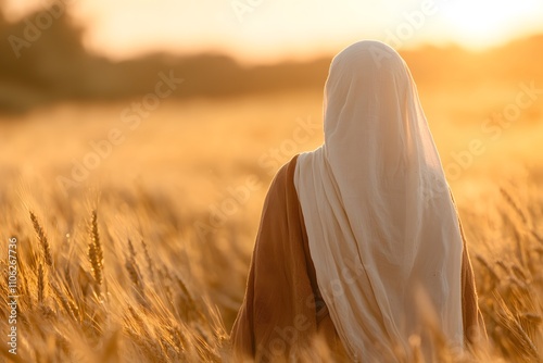 Virgin Mary (‘de la Vierge Marie’) standing in a vast open field during sunset, surrounded by golden hues and a peaceful atmosphere, symbolising serenity and spiritual grace