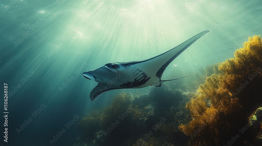 Fototapeta premium Majestic manta ray glides through sunlit ocean, near vibrant coral reef.