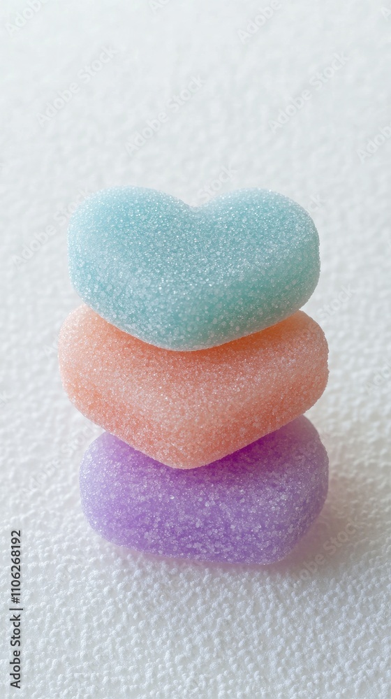 Obraz premium Colorful heart-shaped candies stacked for a cheerful Valentine's Day celebration in a studio setting
