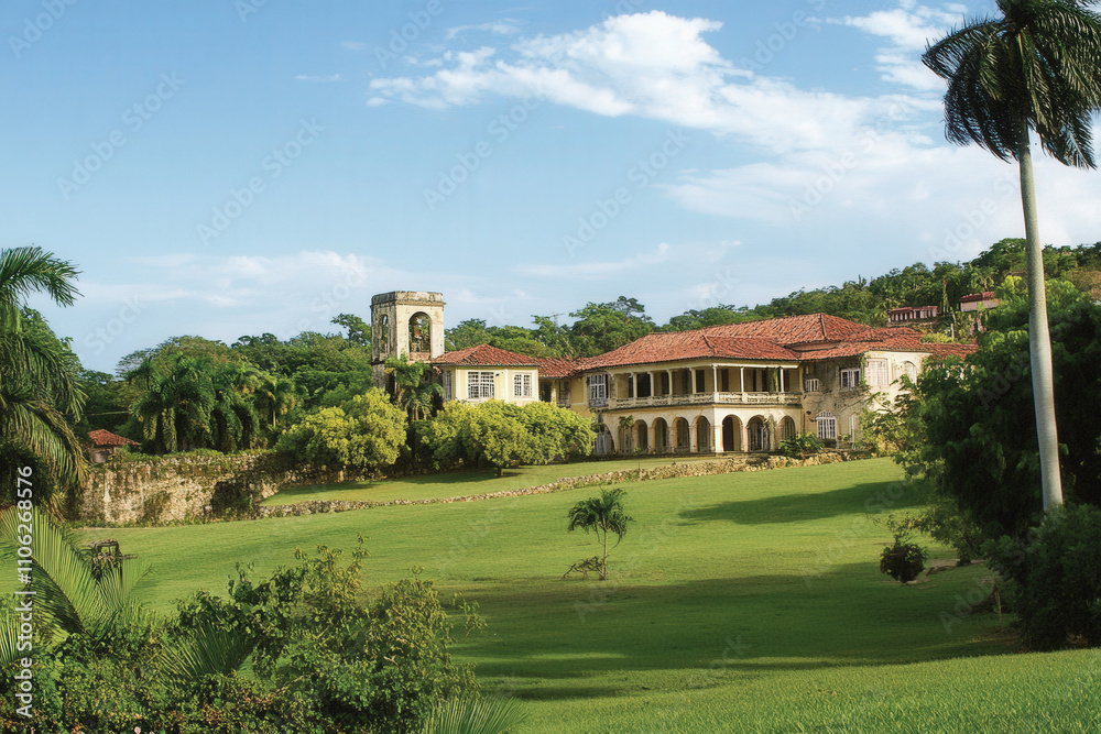 Fototapeta premium Colonial-Style Mansion with Lush Green Surroundings