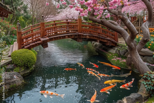 Serene pond with koi fish and blooming trees photo