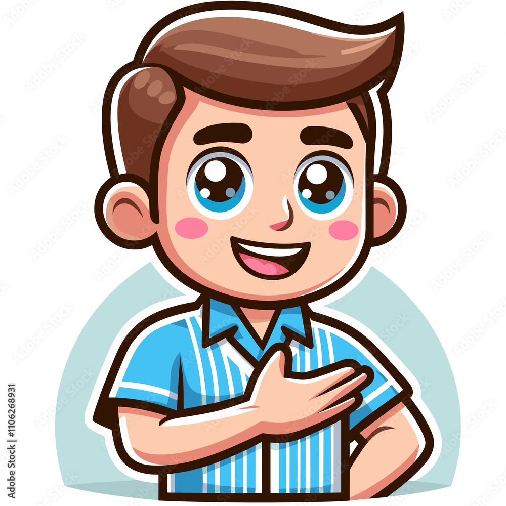 Friendly cartoon tour guide boy in a striped shirt, smiling confidently, on a light background Friendly cartoon tour guide boy in a striped shirt, smiling confidently, on a light background