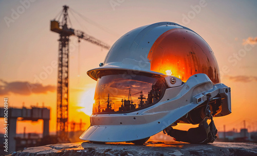 Construction helmet with a sun on it. The helmet is white and orange