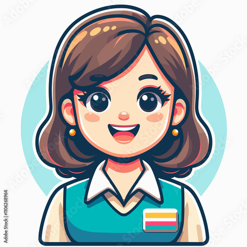 Cheerful cartoon administrator girl in a vest with a name tag, smiling brightly on a light background