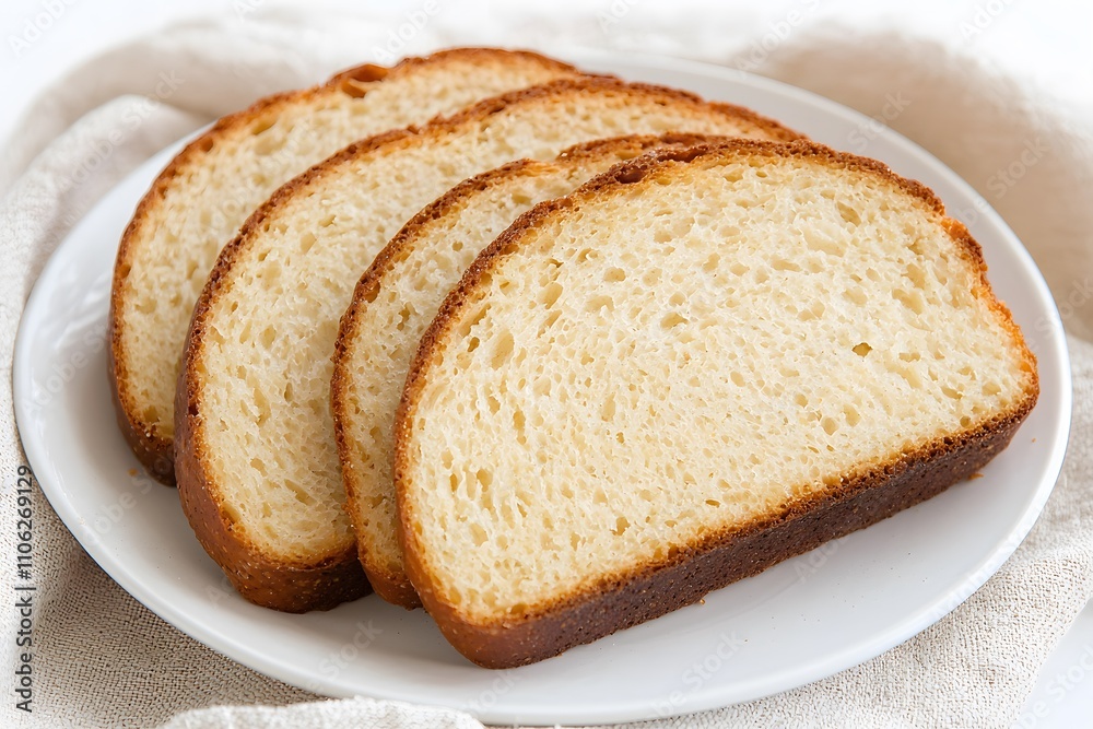 Sliced whole grain bread arranged neatly on a white plate, showcasing its hearty texture and nutritious appeal, set against a clean and simple background Sliced whole grain bread arranged neatly on a white plate, showcasing its hearty texture and nutritious appeal, set against a clean and simple background