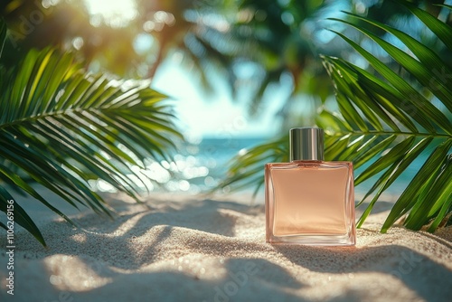 Tropical beach paradise with perfume bottle surrounded by palm leaves and ocean view