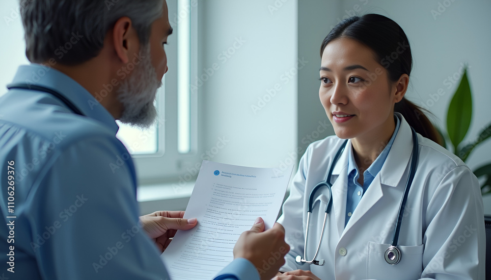 Oncology doctor explaining chemotherapy treatment options to patient in close-up conversation