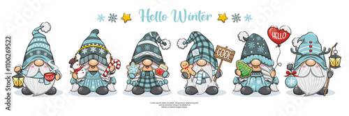 Set Of Hello Winter With Cute Gnome Banner Design, Cartoon Illustration