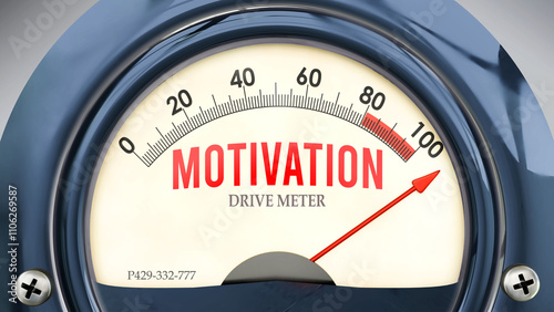 Motivation and Drive Meter that is hitting a full scale, showing a very high level of motivation, overload of it, too much of it. Maximum value, off the charts.  ,3d illustration