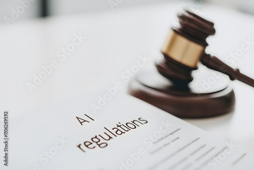 Documents with text written ‘AI Regulations’ and ‘Law,’ placed on a desk with a gavel nearby, symbolising the legal framework and governance of artificial intelligence