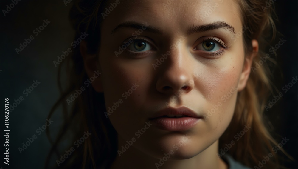 Intense portrait of a woman with upward gaze and dramatic lighting.