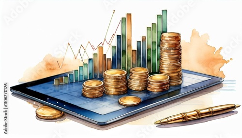 watercolor clipart of a tablet with financial graphs stacks of coins and a golden pen isolated on a white background