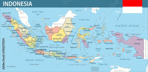 Indonesia Map Vector New 2024 Colorful - Customizable layered political map of Indonesia with administrative divisions for website, education, reports, news, politics, print, poster and wallpaper