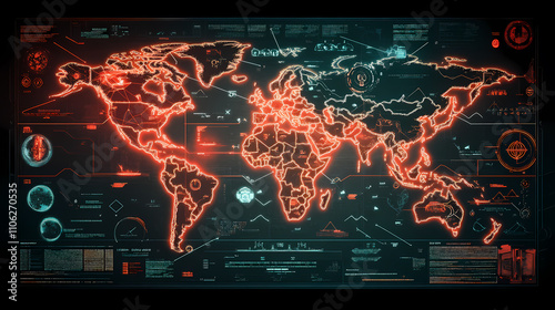 A conceptual map showing geopolitical tensions: glowing borders, arrows indicating trade and conflict zones, and icons representing diplomacy and technology, in a sleek, infographic-like visual format