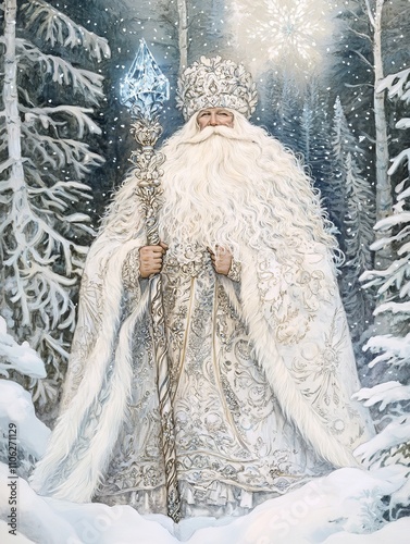 Majestic Ded Moroz in White Robes Standing in Enchanted Winter Forest photo