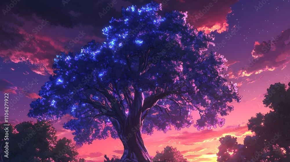 A cartoon tree with purple and blue leaves on top of it, a colorful sunset A cartoon tree with purple and blue leaves on top of it, a colorful sunset