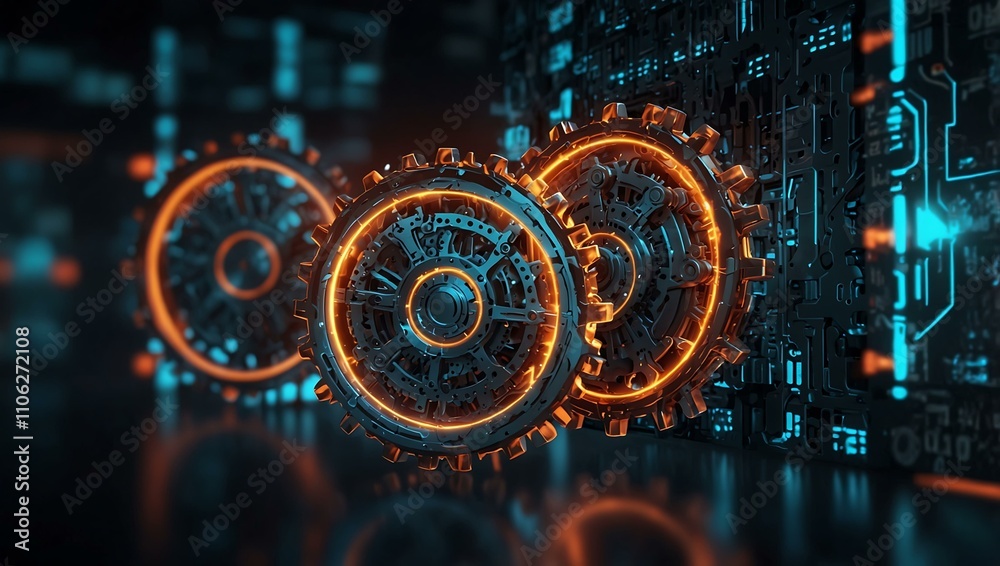 Obraz premium Interlocked gears glowing in a futuristic digital setting.