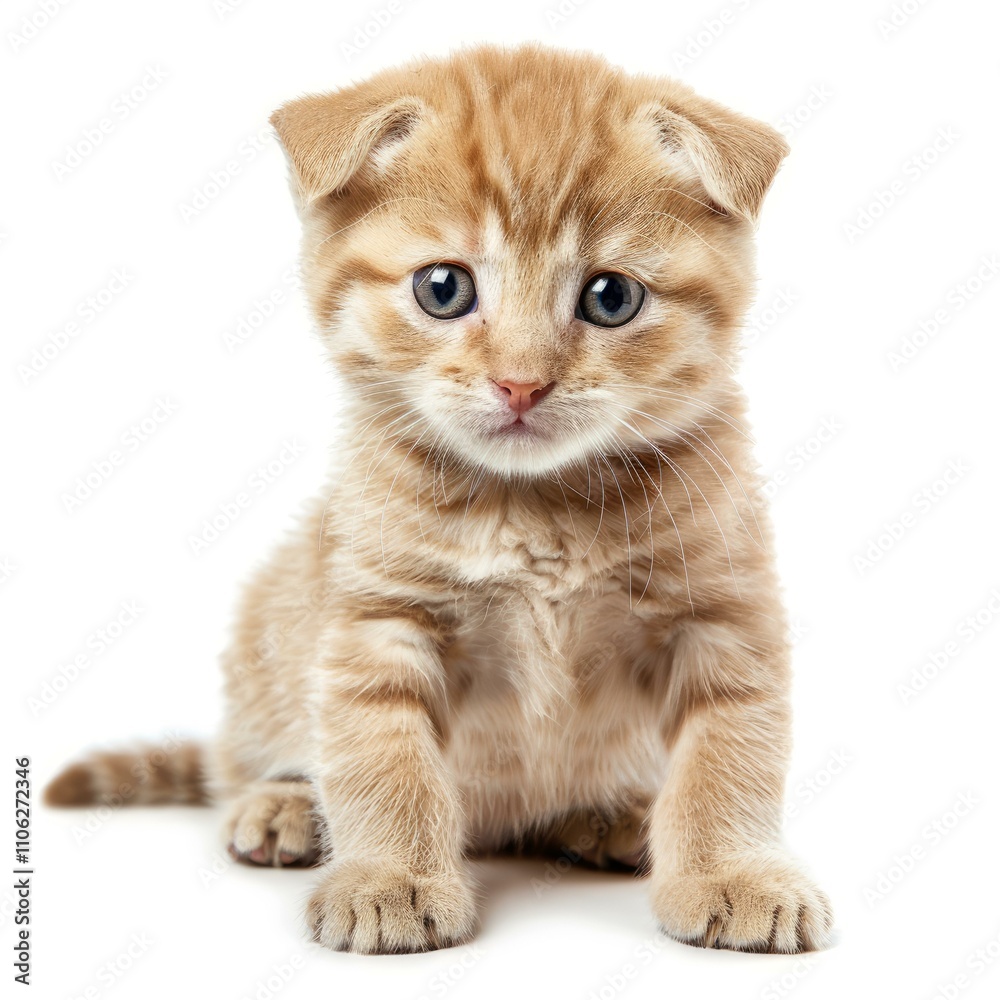 Fototapeta premium Adorable red kitten sitting and posing on white background