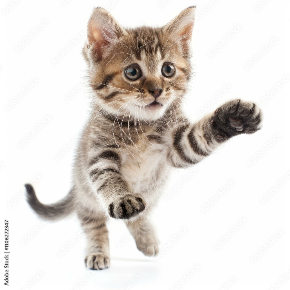 Playful kitten jumping and reaching with paw on white background Playful kitten jumping and reaching with paw on white background