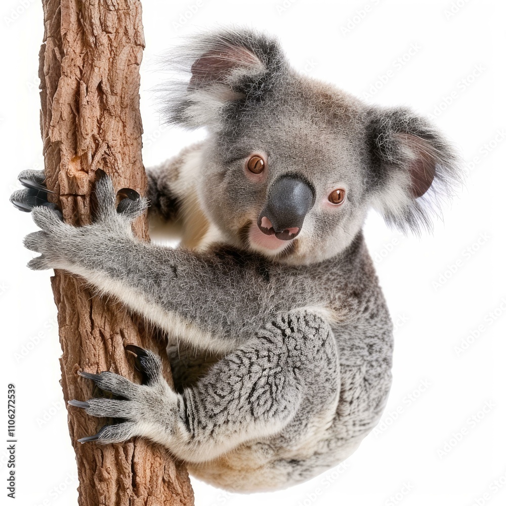 Naklejka premium Koala bear climbing eucalyptus tree branch on white background