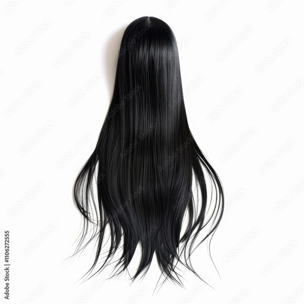 Long black wig resting on white background Long black wig resting on white background
