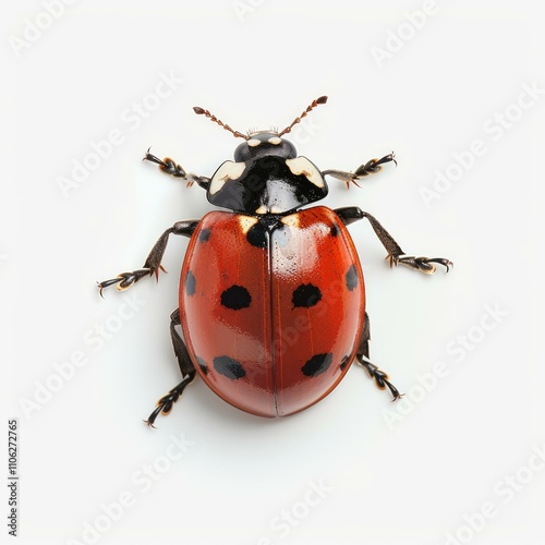 Ladybug crawling on white background, insect close up view
